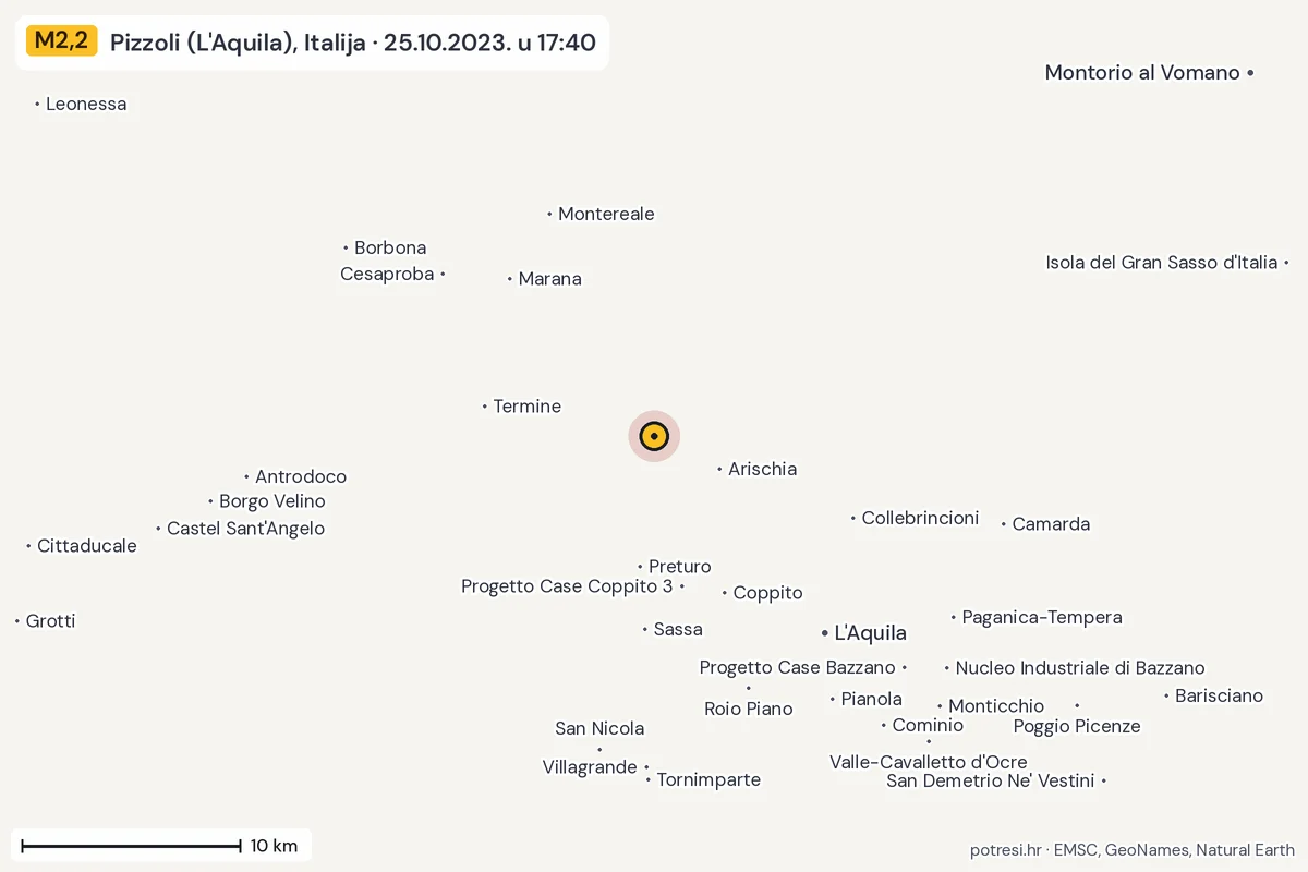 Karta: okolica epicentra, 60 km, potres M2,2, Pizzoli (L'Aquila), Italija, 25.10.2023.