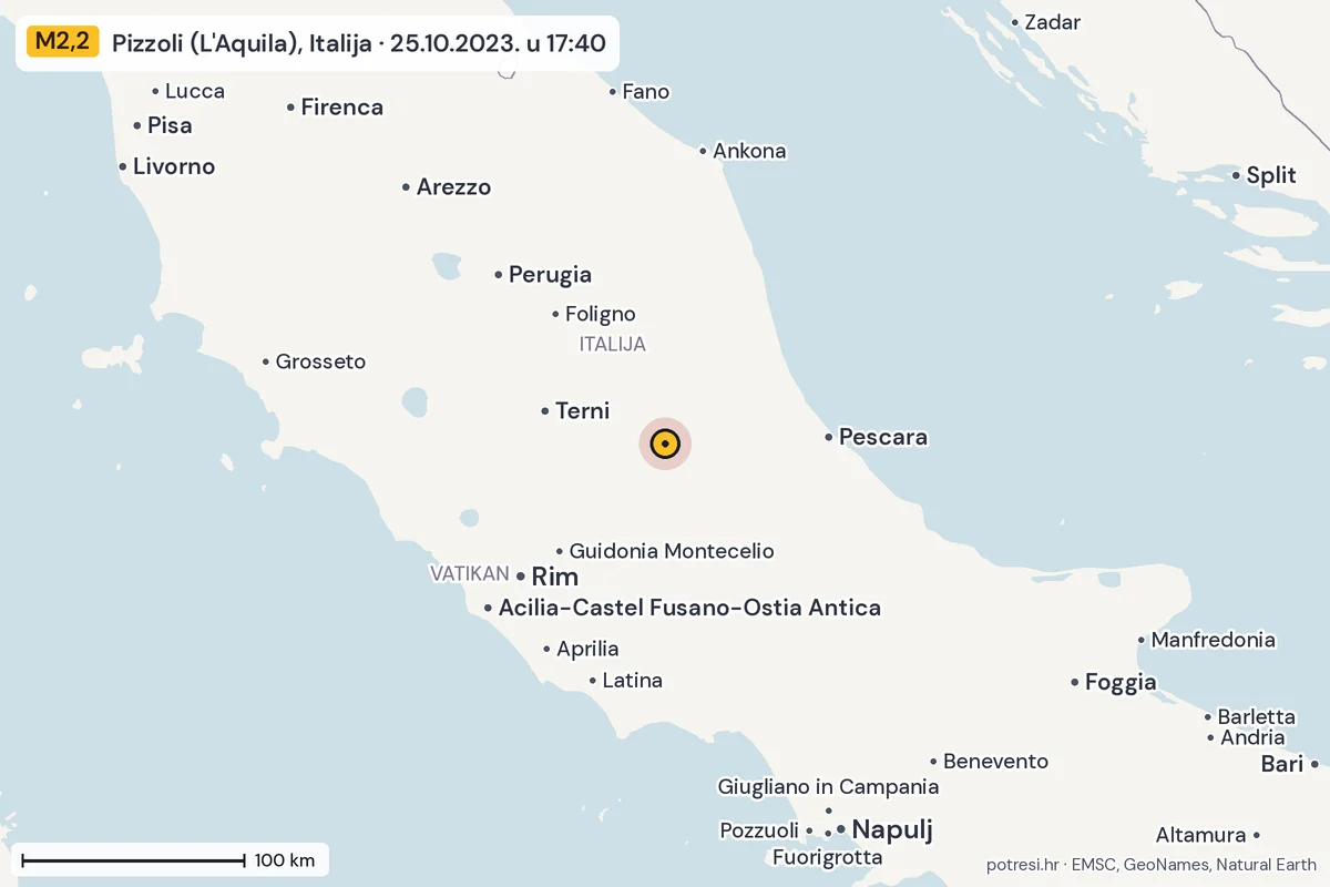 Karta: šire područje, 600 km, potres M2,2, Pizzoli (L'Aquila), Italija, 25.10.2023.