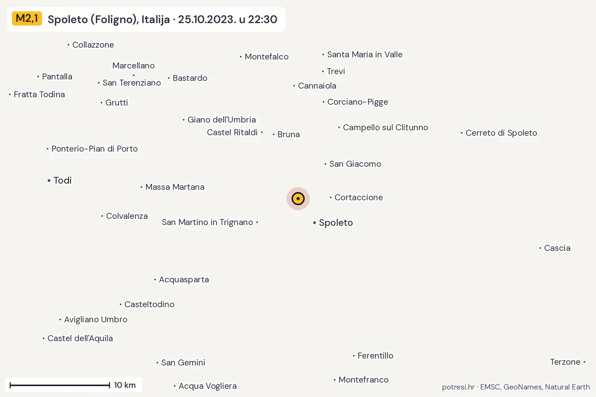 Karta: okolica epicentra, 60 km, potres M2,1, Spoleto (Foligno), Italija, 25.10.2023.