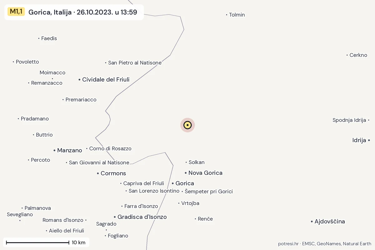 Karta: okolica epicentra, 60 km, potres M1,1, Gorica, Italija, 26.10.2023.