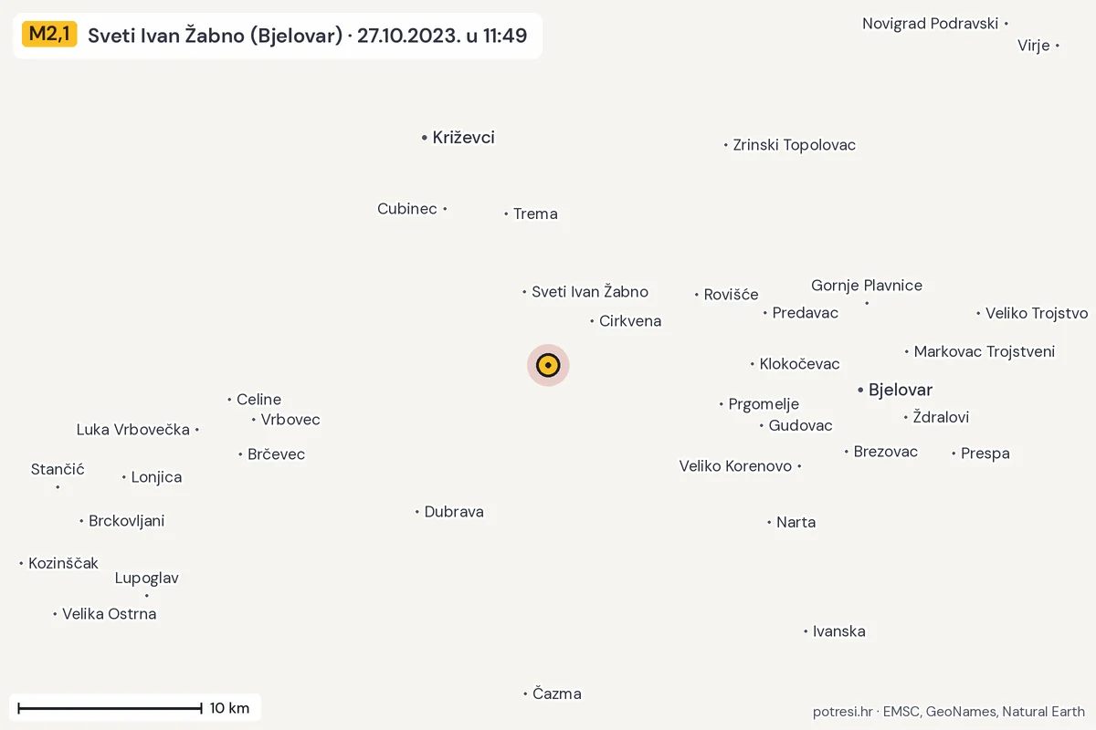Karta: okolica epicentra, 60 km, potres M2,1, Sveti Ivan Žabno (Bjelovar), 27.10.2023.