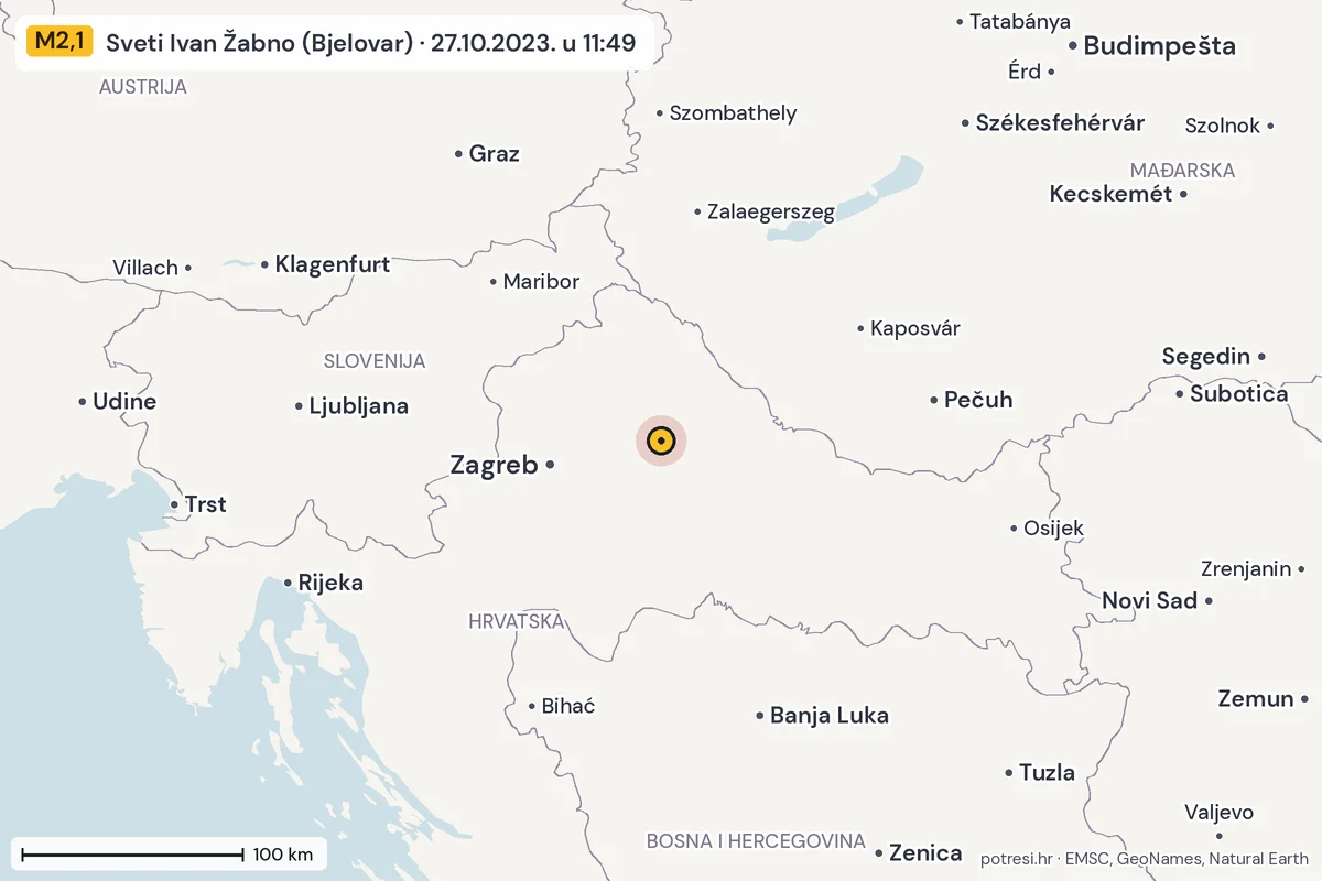 Karta: šire područje, 600 km, potres M2,1, Sveti Ivan Žabno (Bjelovar), 27.10.2023.
