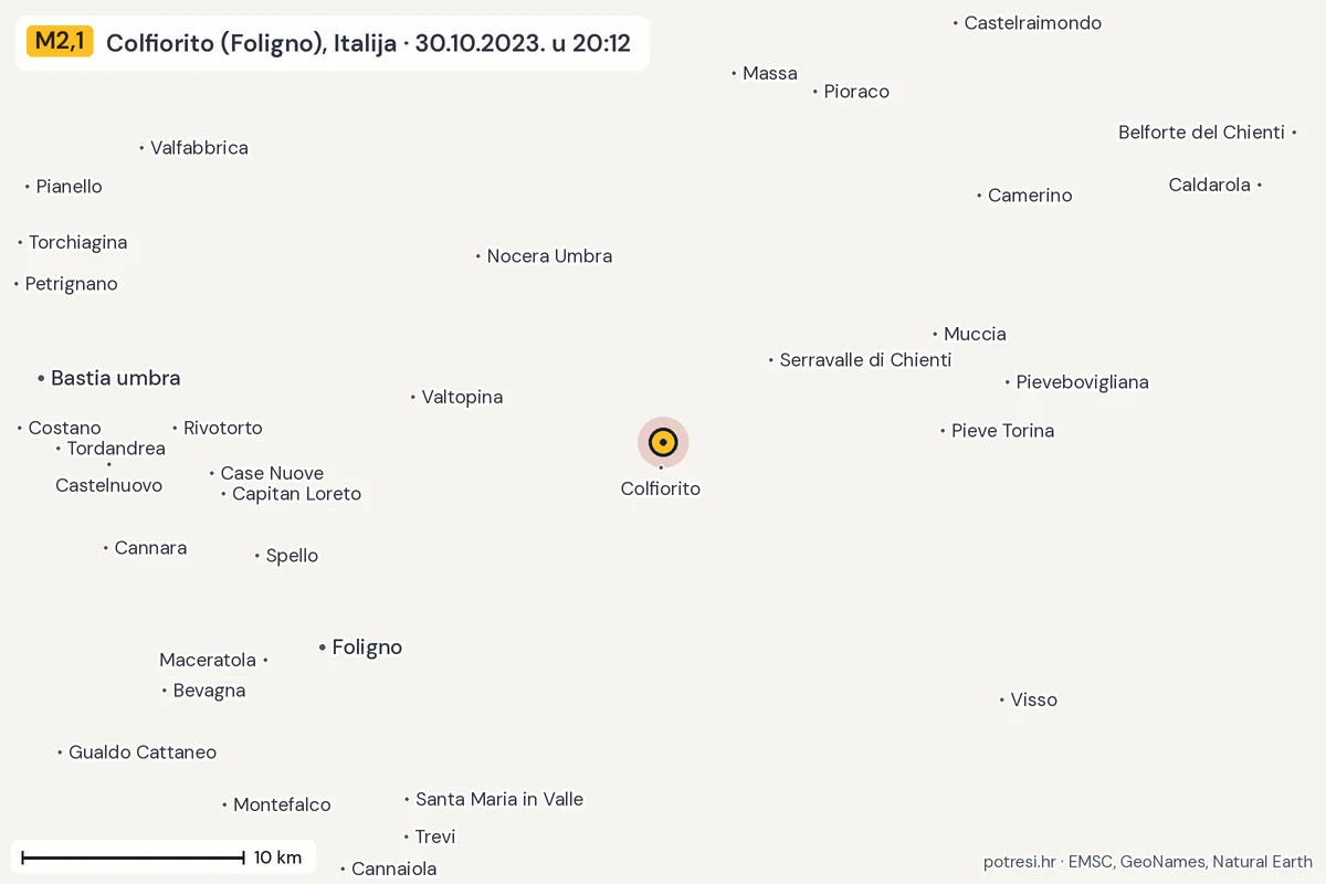 Karta: okolica epicentra, 60 km, potres M2,1, Colfiorito (Foligno), Italija, 30.10.2023.