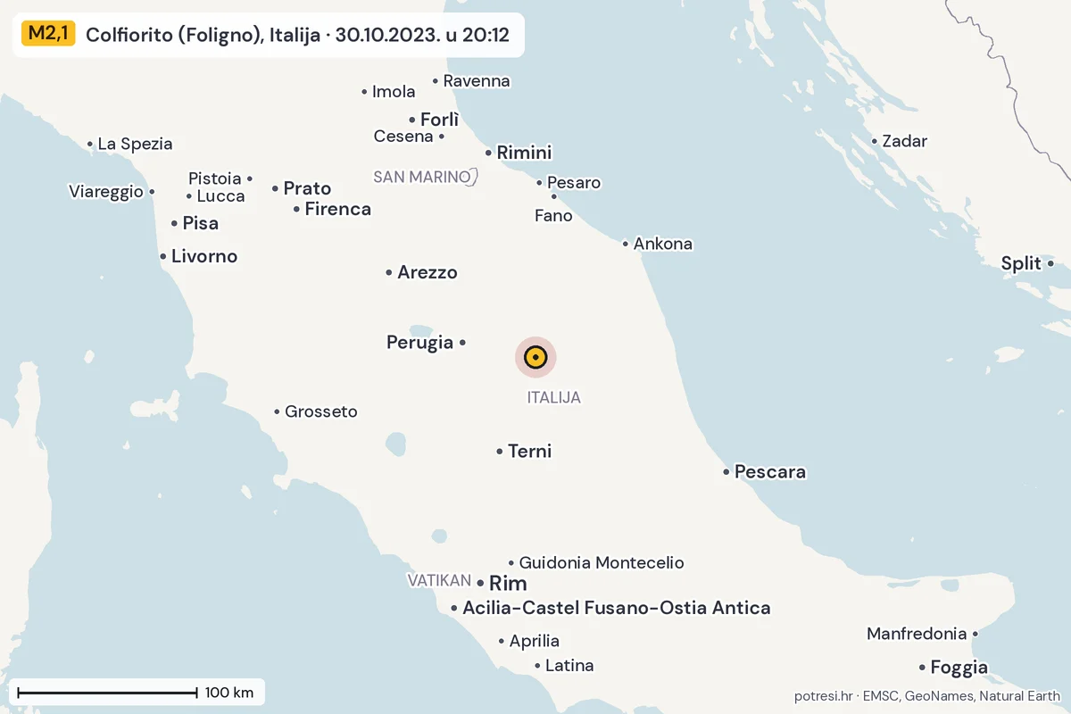 Karta: šire područje, 600 km, potres M2,1, Colfiorito (Foligno), Italija, 30.10.2023.