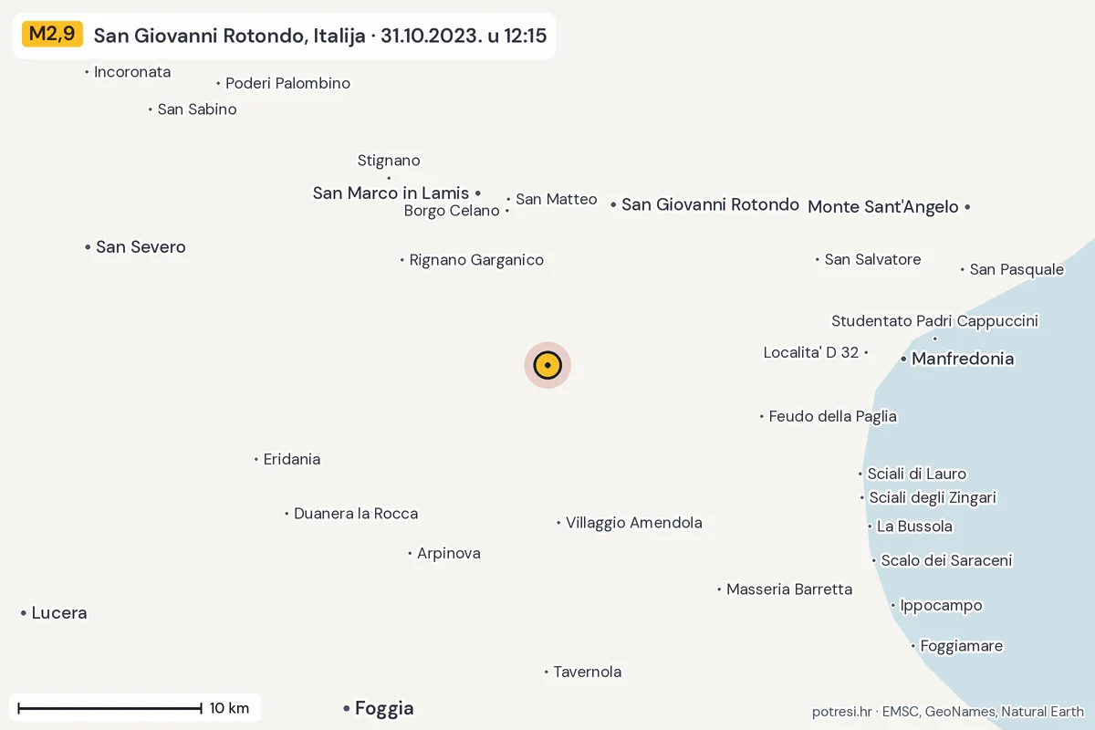 Karta: okolica epicentra, 60 km, potres M2,9, San Giovanni Rotondo, Italija, 31.10.2023.