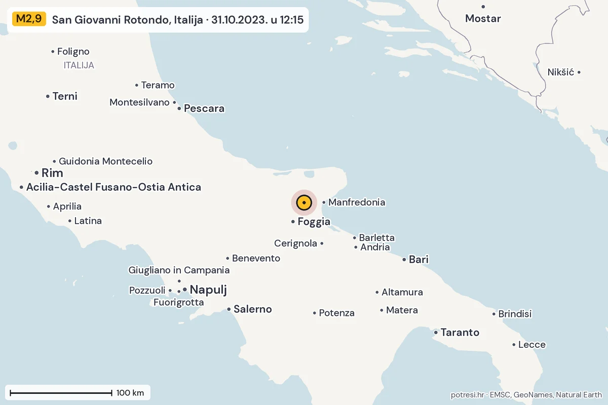Karta: šire područje, 600 km, potres M2,9, San Giovanni Rotondo, Italija, 31.10.2023.