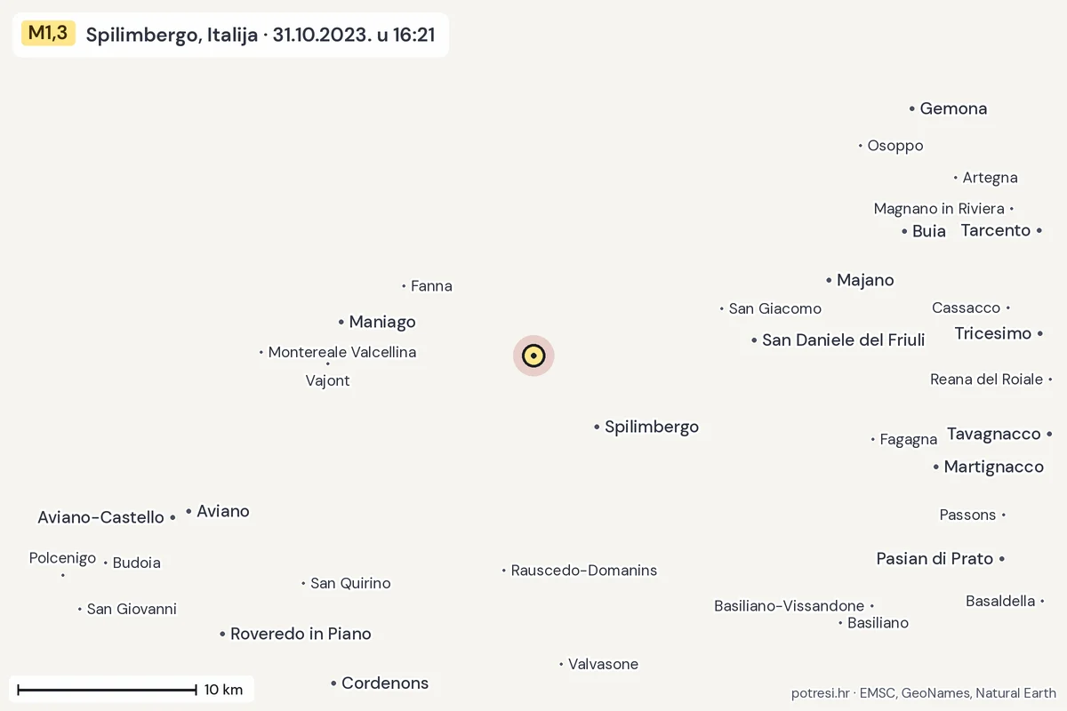 Karta: okolica epicentra, 60 km, potres M1,3, Spilimbergo, Italija, 31.10.2023.
