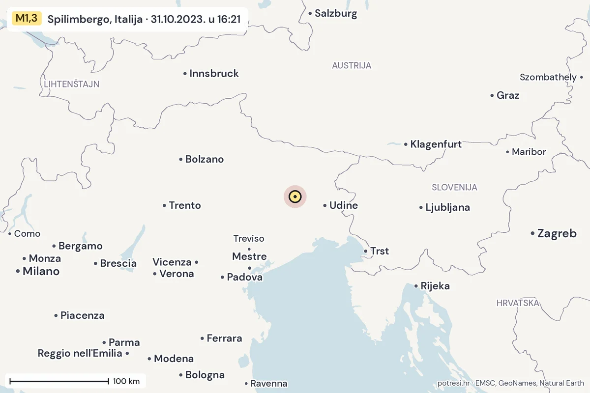 Karta: šire područje, 600 km, potres M1,3, Spilimbergo, Italija, 31.10.2023.