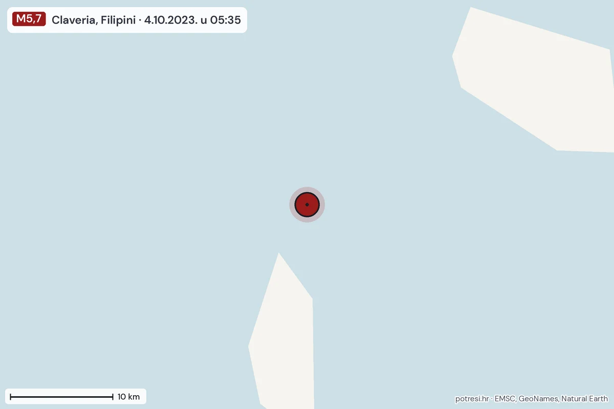 Karta: okolica epicentra, 60 km, potres M5,7, Claveria, Filipini, 4.10.2023.