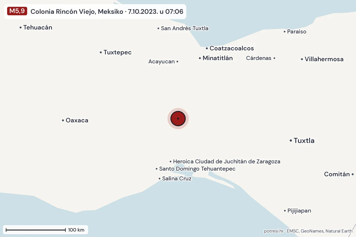 Karta: šire područje, 600 km, potres M5,9, Colonia Rincón Viejo, Meksiko, 7.10.2023.