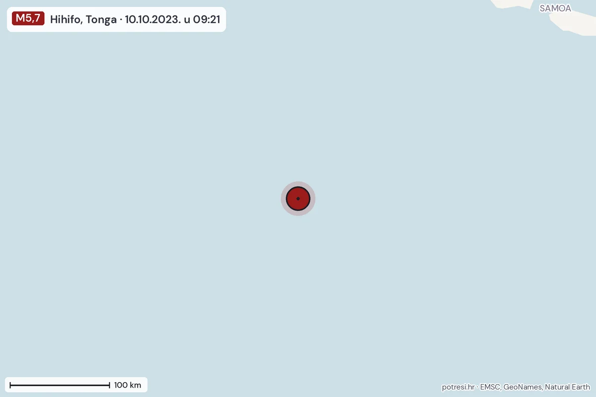 Karta: šire područje, 600 km, potres M5,7, Hihifo, Tonga, 10.10.2023.