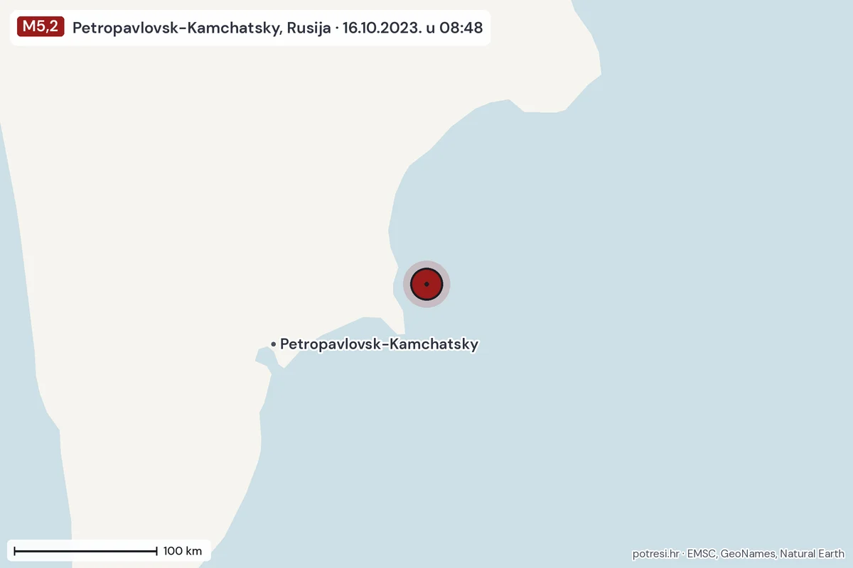 Karta: šire područje, 600 km, potres M5,2, Petropavlovsk-Kamchatsky, Rusija, 16.10.2023.