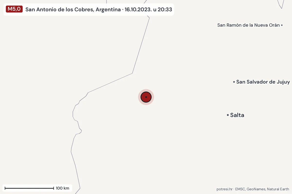 Karta: šire područje, 600 km, potres M5,0, San Antonio de los Cobres, Argentina, 16.10.2023.