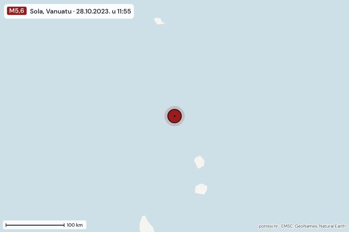 Karta: šire područje, 600 km, potres M5,6, Sola, Vanuatu, 28.10.2023.
