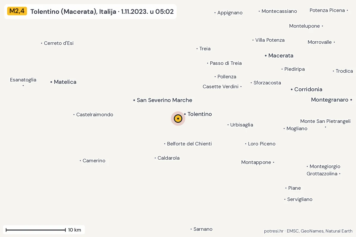 Karta: okolica epicentra, 60 km, potres M2,4, Tolentino (Macerata), Italija, 1.11.2023.