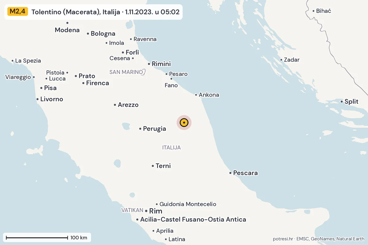 Karta: šire područje, 600 km, potres M2,4, Tolentino (Macerata), Italija, 1.11.2023.