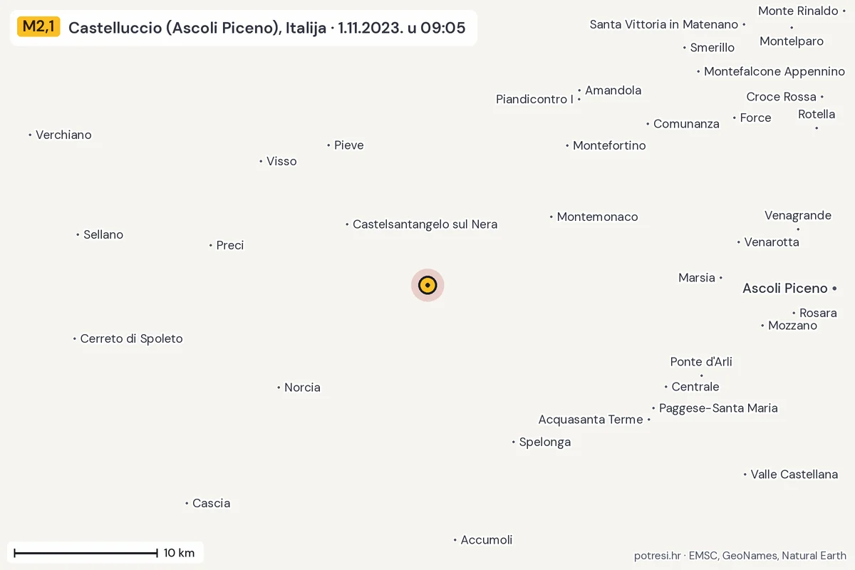 Karta: okolica epicentra, 60 km, potres M2,1, Castelluccio (Ascoli Piceno), Italija, 1.11.2023.