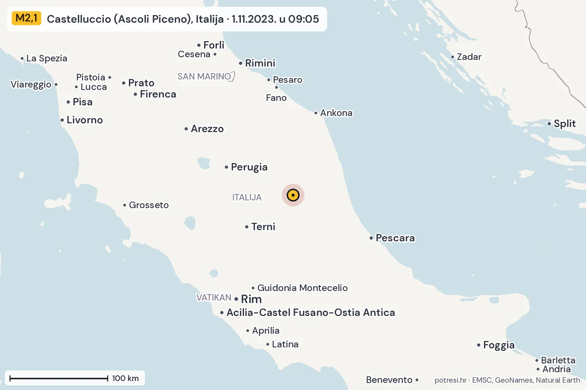 Karta: šire područje, 600 km, potres M2,1, Castelluccio (Ascoli Piceno), Italija, 1.11.2023.