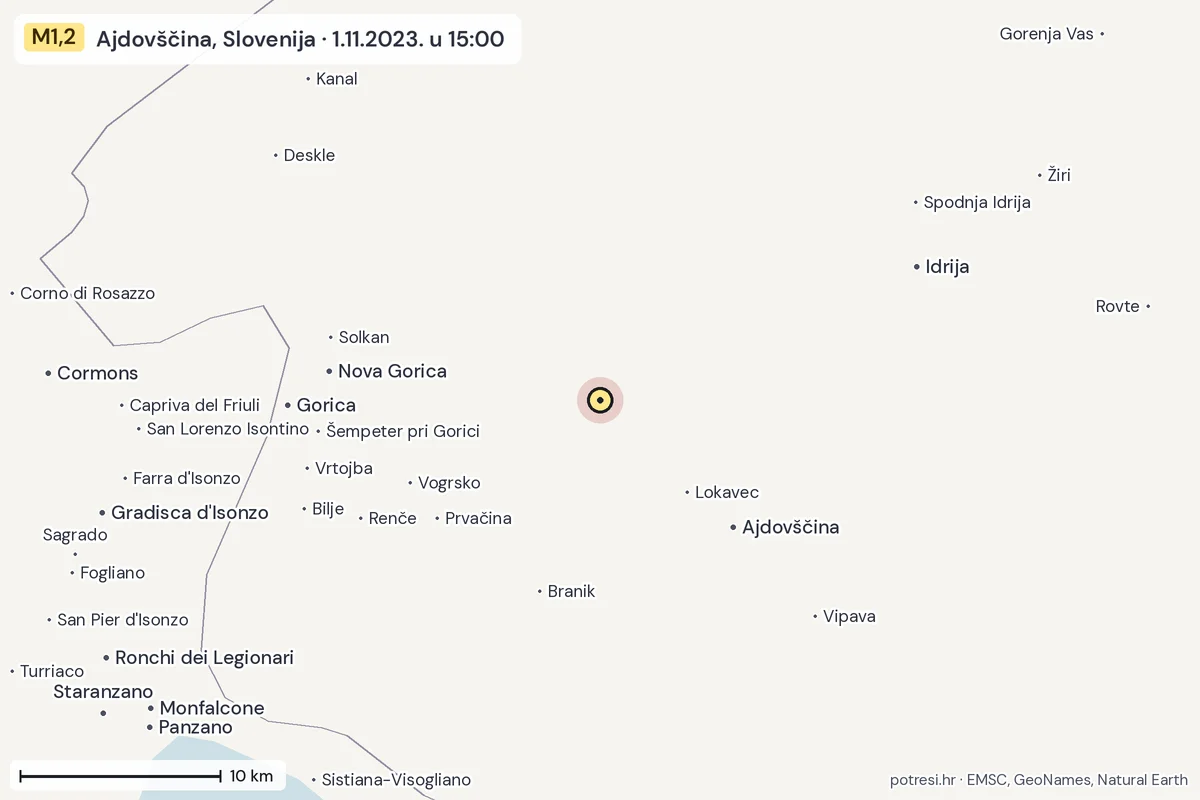 Karta: okolica epicentra, 60 km, potres M1,2, Ajdovščina, Slovenija, 1.11.2023.
