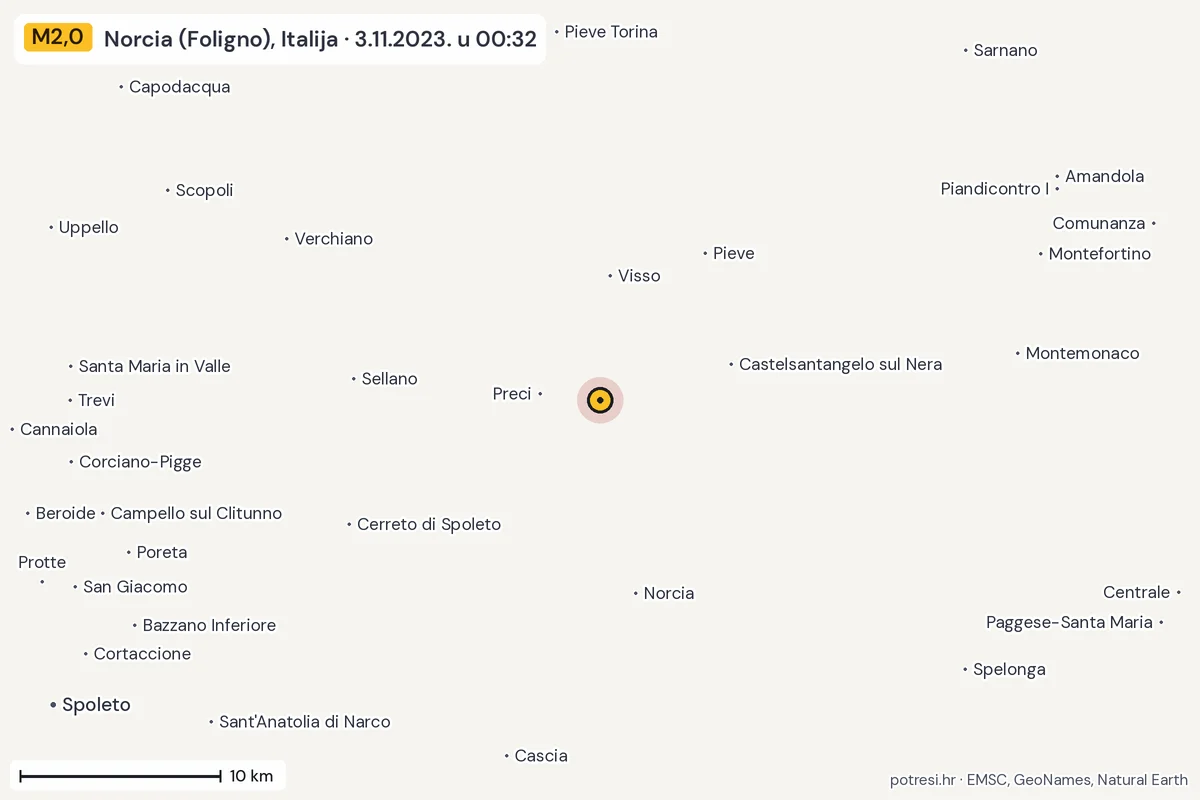 Karta: okolica epicentra, 60 km, potres M2,0, Norcia (Foligno), Italija, 3.11.2023.