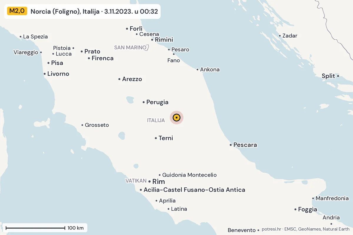 Karta: šire područje, 600 km, potres M2,0, Norcia (Foligno), Italija, 3.11.2023.