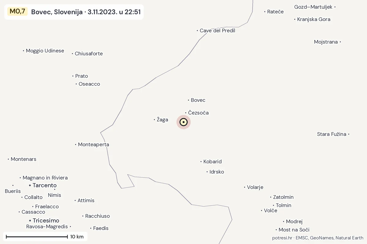 Karta: okolica epicentra, 60 km, potres M0,7, Bovec, Slovenija, 3.11.2023.