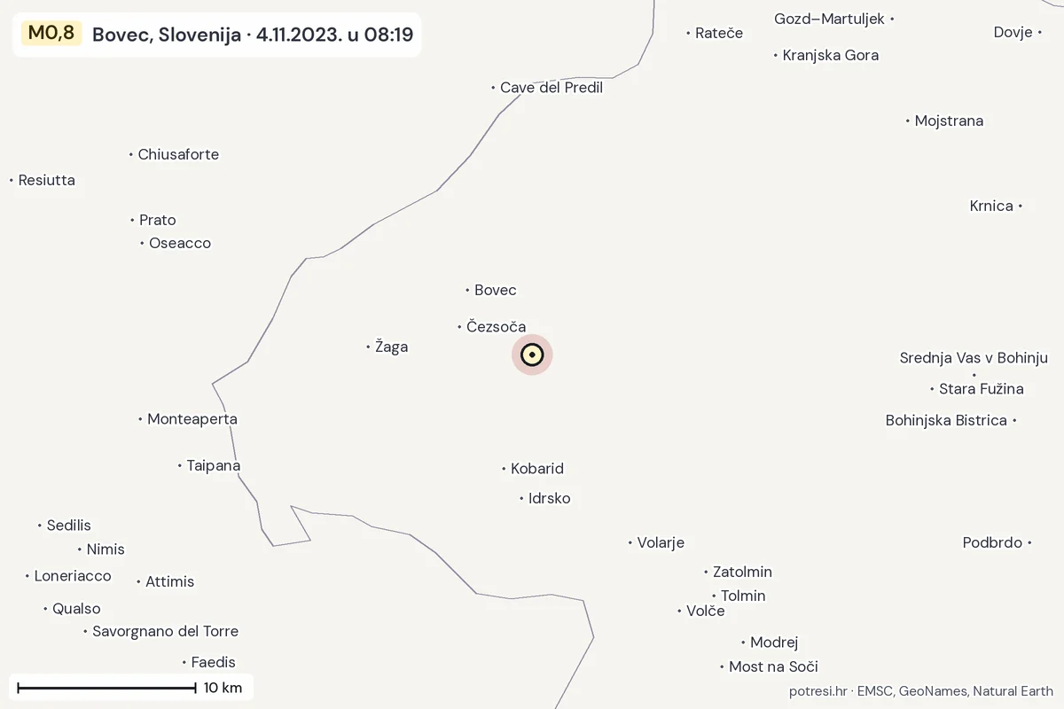 Karta: okolica epicentra, 60 km, potres M0,8, Bovec, Slovenija, 4.11.2023.