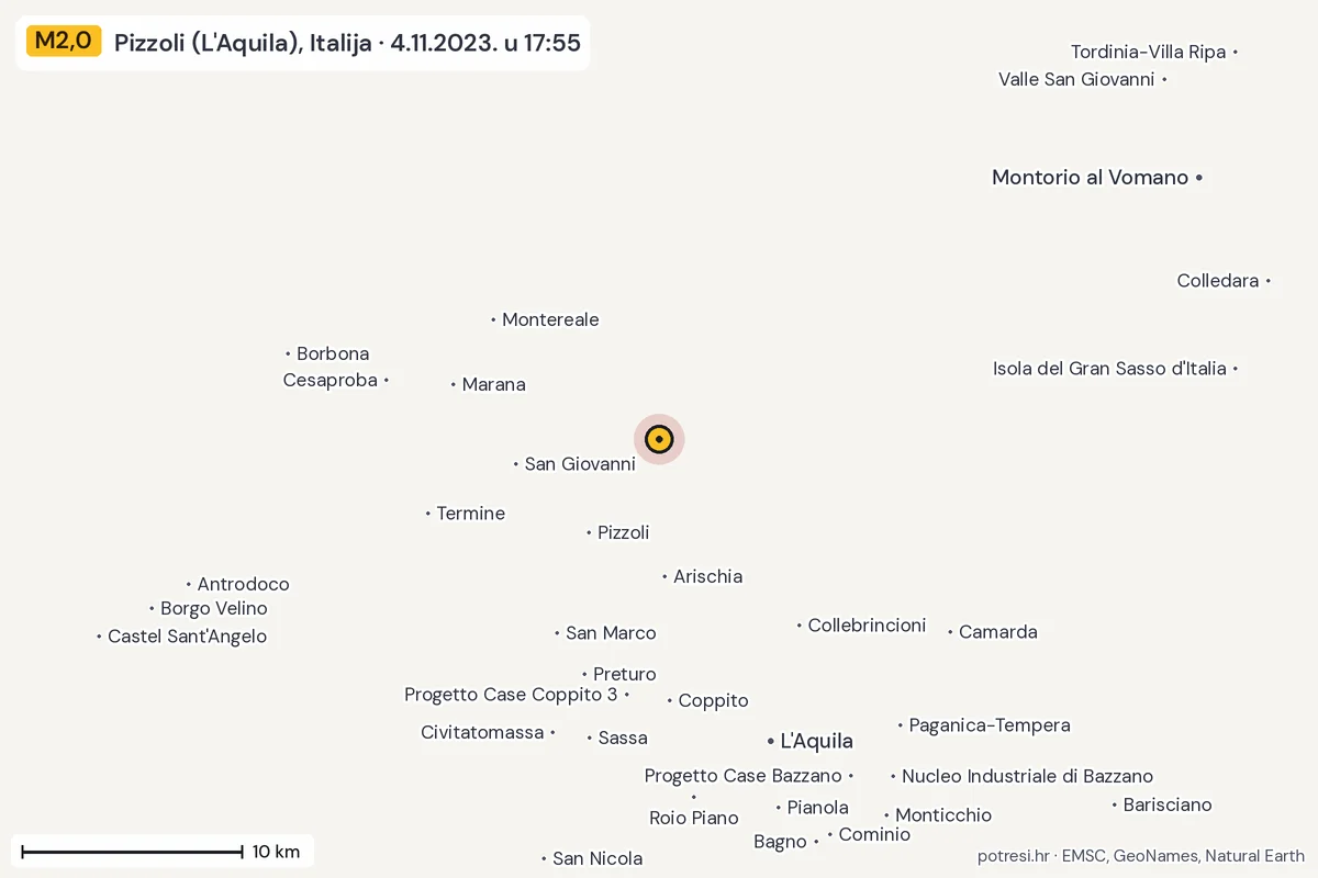 Karta: okolica epicentra, 60 km, potres M2,0, Pizzoli (L'Aquila), Italija, 4.11.2023.