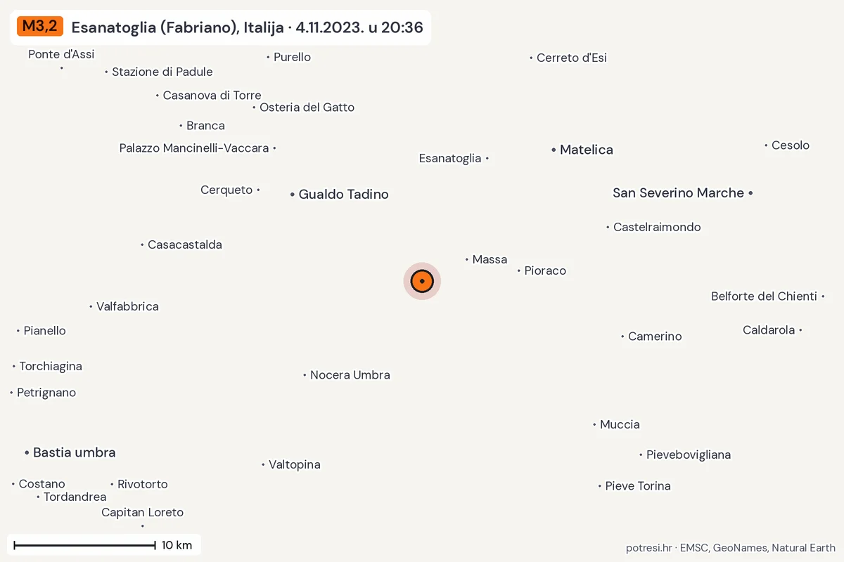 Karta: okolica epicentra, 60 km, potres M3,2, Esanatoglia (Fabriano), Italija, 4.11.2023.