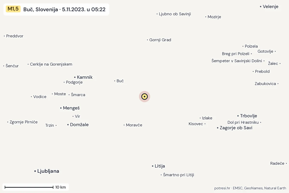 Karta: okolica epicentra, 60 km, potres M1,5, Buč, Slovenija, 5.11.2023.