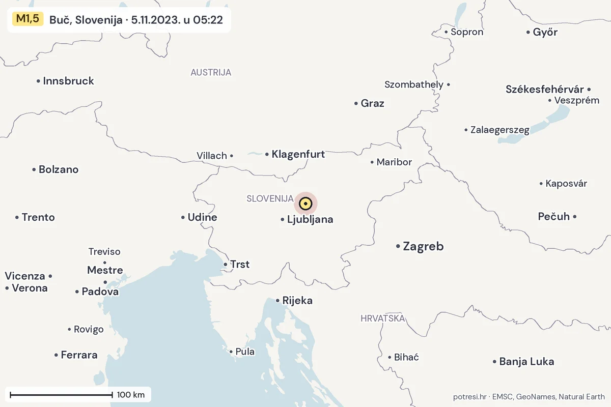 Karta: šire područje, 600 km, potres M1,5, Buč, Slovenija, 5.11.2023.