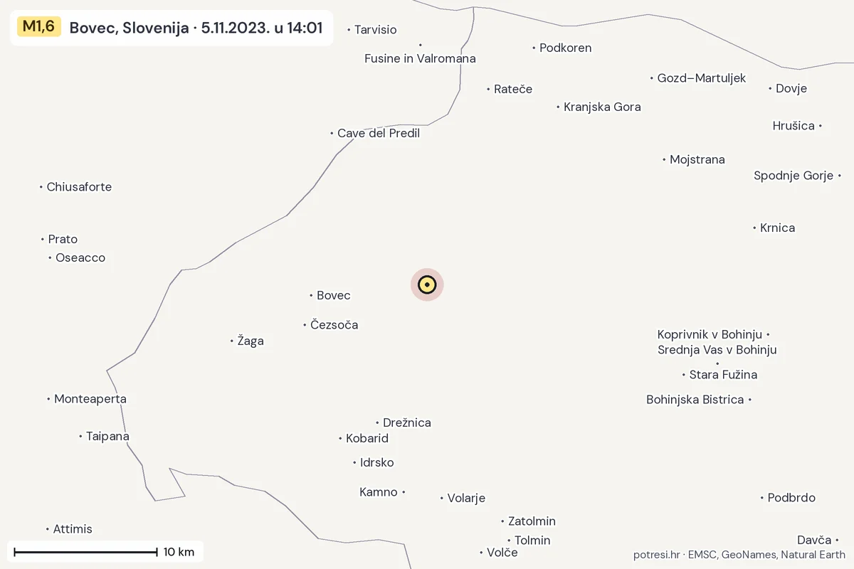 Karta: okolica epicentra, 60 km, potres M1,6, Bovec, Slovenija, 5.11.2023.