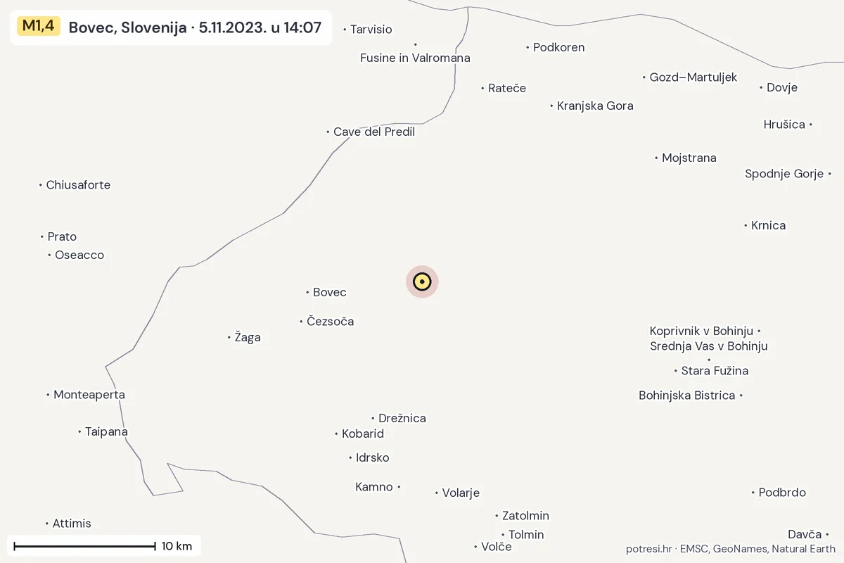 Karta: okolica epicentra, 60 km, potres M1,4, Bovec, Slovenija, 5.11.2023.