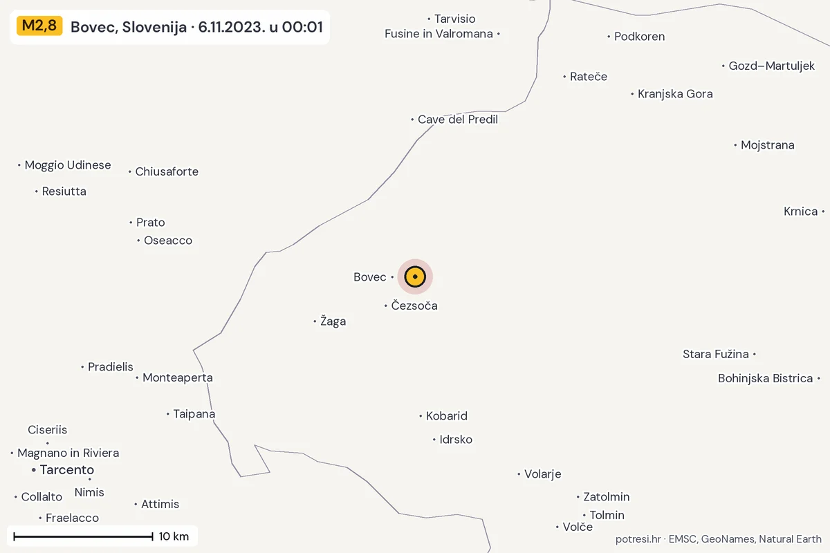 Karta: okolica epicentra, 60 km, potres M2,8, Bovec, Slovenija, 6.11.2023.
