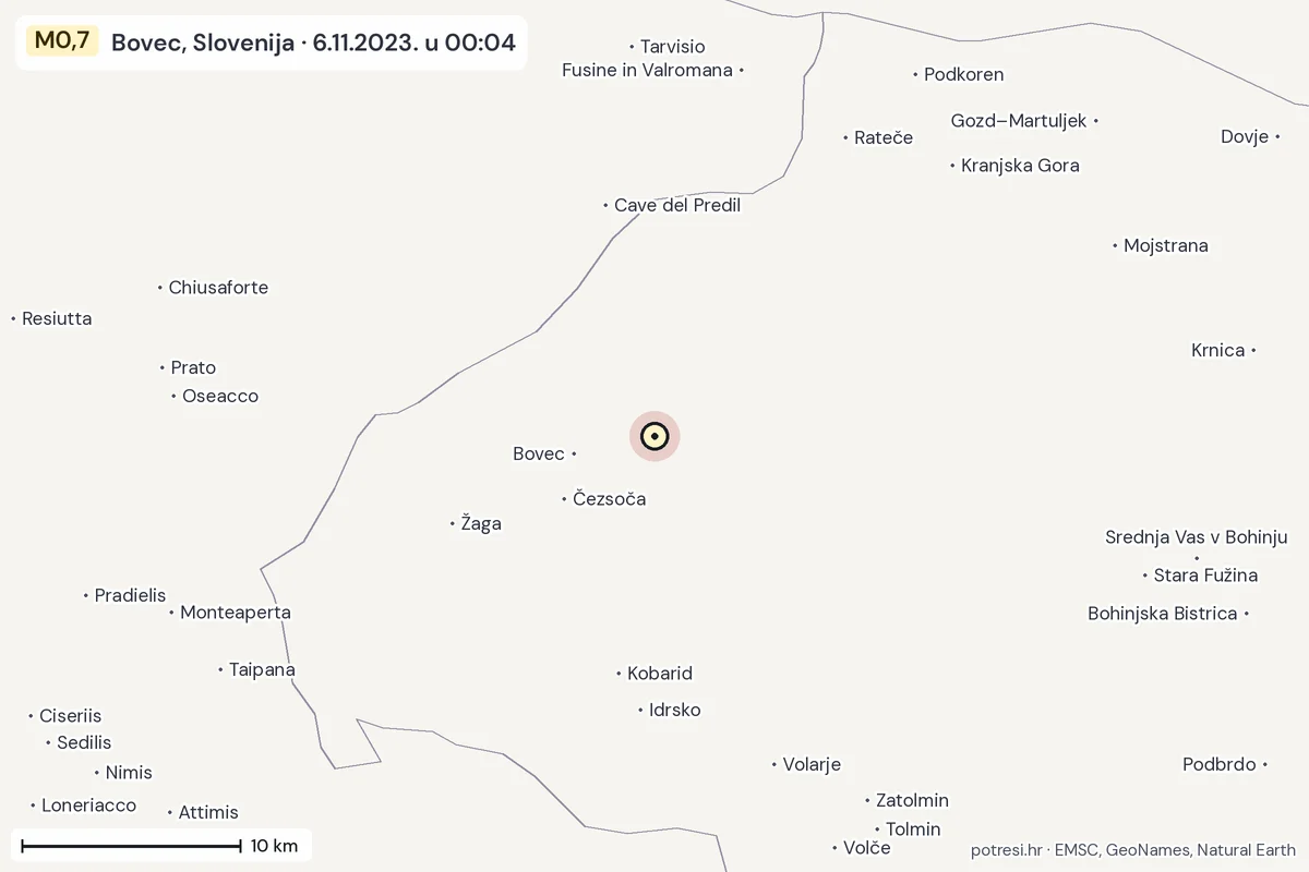 Karta: okolica epicentra, 60 km, potres M0,7, Bovec, Slovenija, 6.11.2023.