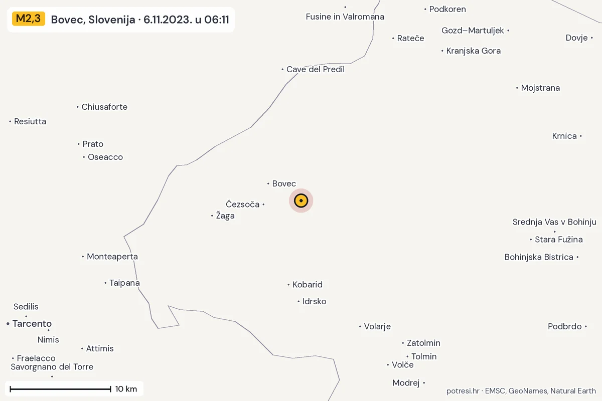 Karta: okolica epicentra, 60 km, potres M2,3, Bovec, Slovenija, 6.11.2023.