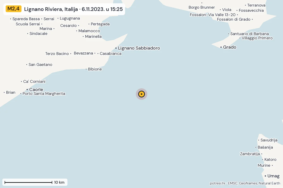 Karta: okolica epicentra, 60 km, potres M2,4, Lignano Riviera, Italija, 6.11.2023.