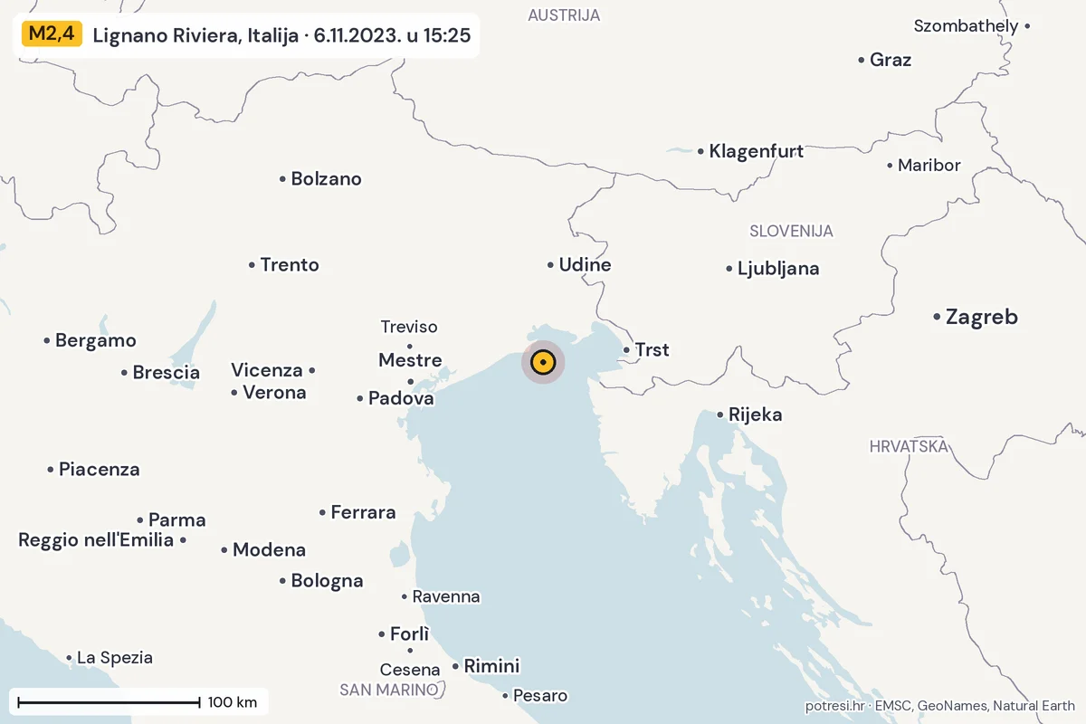 Karta: šire područje, 600 km, potres M2,4, Lignano Riviera, Italija, 6.11.2023.