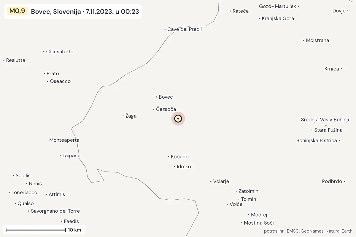 Karta: okolica epicentra, 60 km, potres M0,9, Bovec, Slovenija, 7.11.2023.