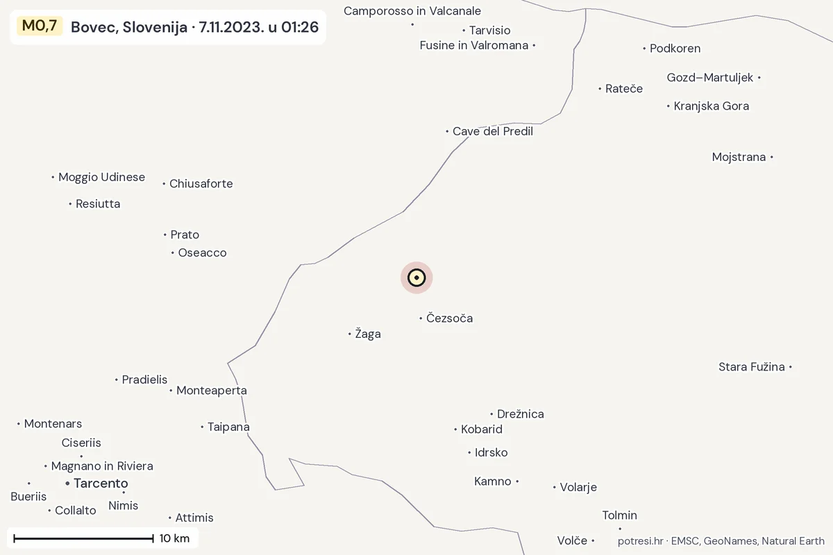 Karta: okolica epicentra, 60 km, potres M0,7, Bovec, Slovenija, 7.11.2023.