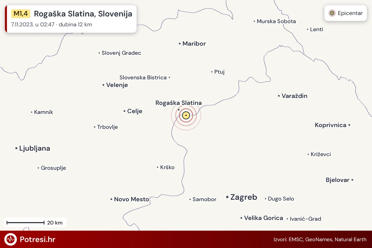Karta: šire područje i vjerojatni doseg osjeta, potres M1,4, Rogaška Slatina, Slovenija, 7.11.2023.