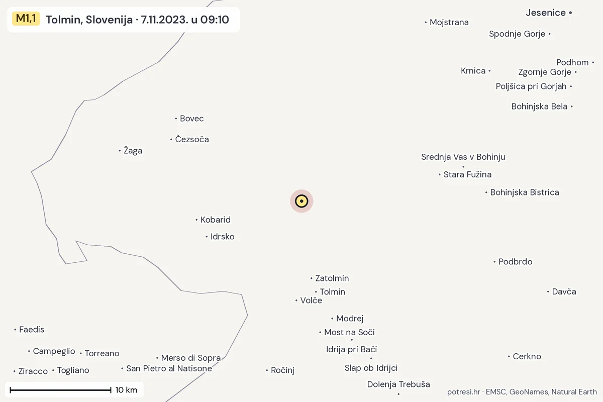 Karta: okolica epicentra, 60 km, potres M1,1, Tolmin, Slovenija, 7.11.2023.