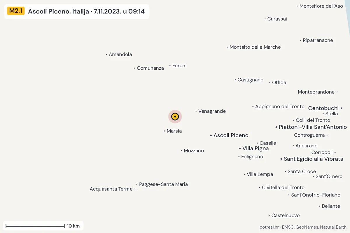 Karta: okolica epicentra, 60 km, potres M2,1, Ascoli Piceno, Italija, 7.11.2023.
