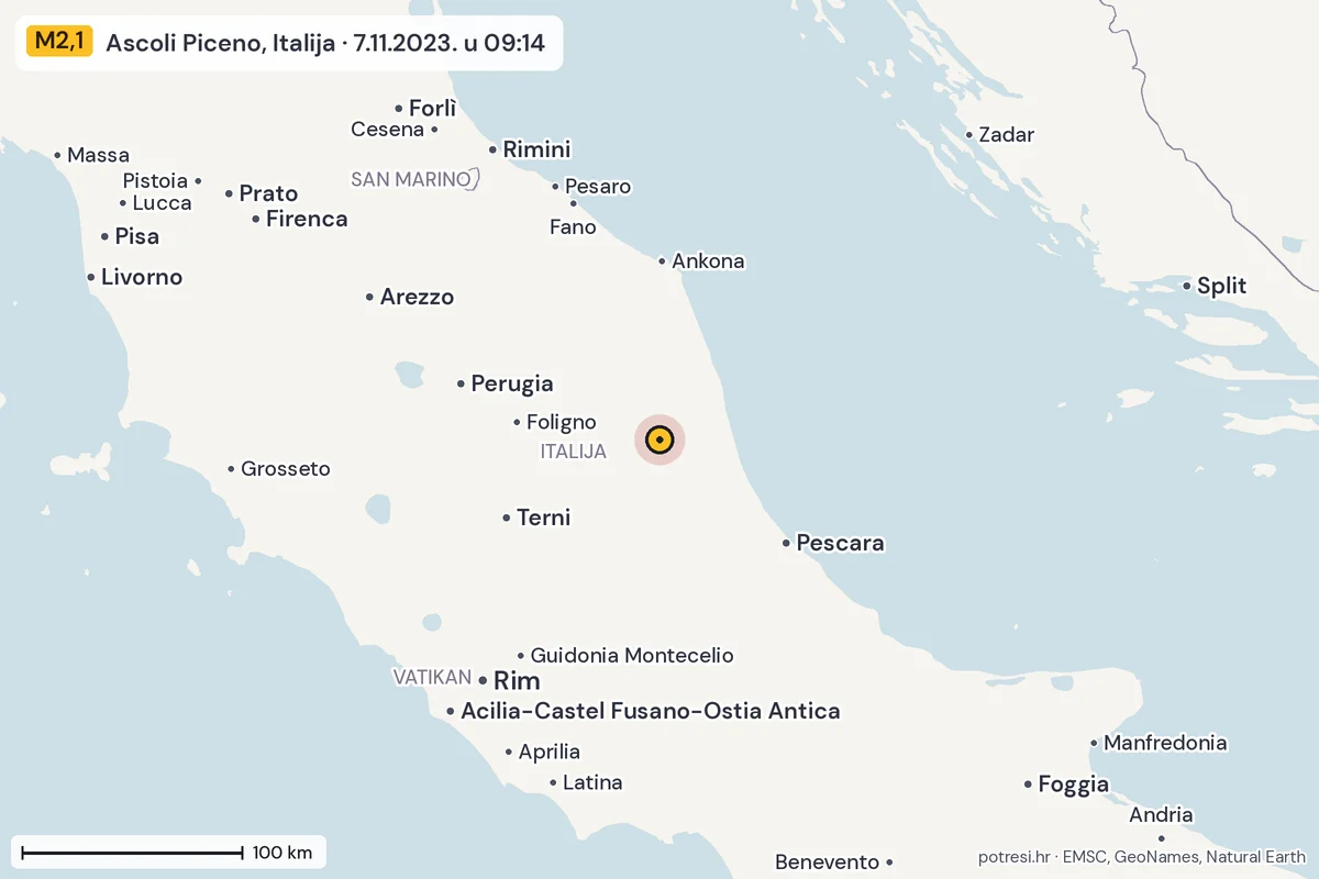 Karta: šire područje, 600 km, potres M2,1, Ascoli Piceno, Italija, 7.11.2023.