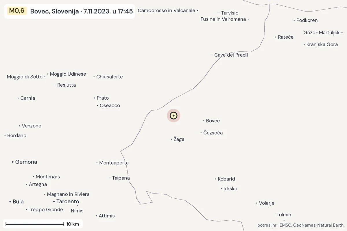 Karta: okolica epicentra, 60 km, potres M0,6, Bovec, Slovenija, 7.11.2023.