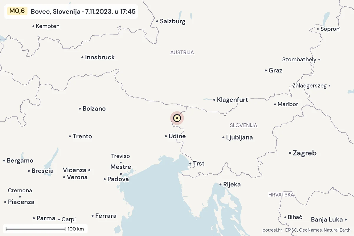 Karta: šire područje, 600 km, potres M0,6, Bovec, Slovenija, 7.11.2023.