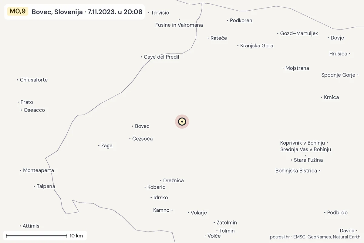 Karta: okolica epicentra, 60 km, potres M0,9, Bovec, Slovenija, 7.11.2023.