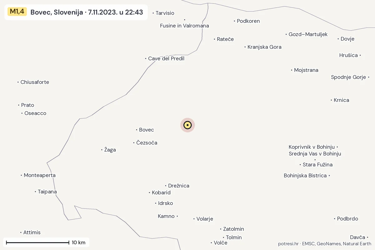 Karta: okolica epicentra, 60 km, potres M1,4, Bovec, Slovenija, 7.11.2023.
