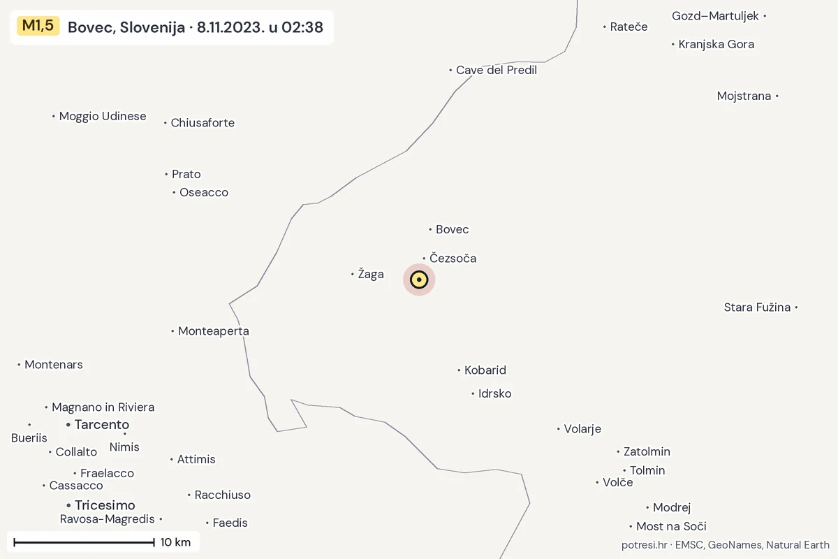 Karta: okolica epicentra, 60 km, potres M1,5, Bovec, Slovenija, 8.11.2023.