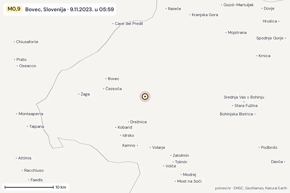 Karta: okolica epicentra, 60 km, potres M0,9, Bovec, Slovenija, 9.11.2023.